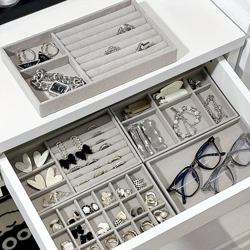 Stackable Velvet Jewelry Tray - Grey, Rectangular Storage Drawer for Rings, Necklaces, and Earrings, Jewelry Storage