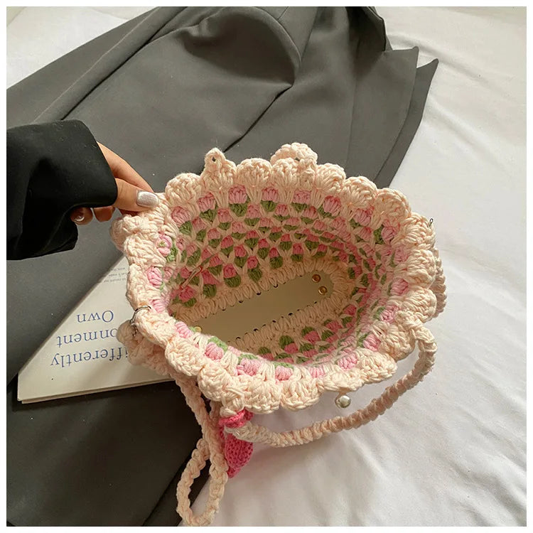 Crochet Crossbody Bag for Women Girl Handmade Color Block Handbag Lightweight Casual Summer Daily Purse