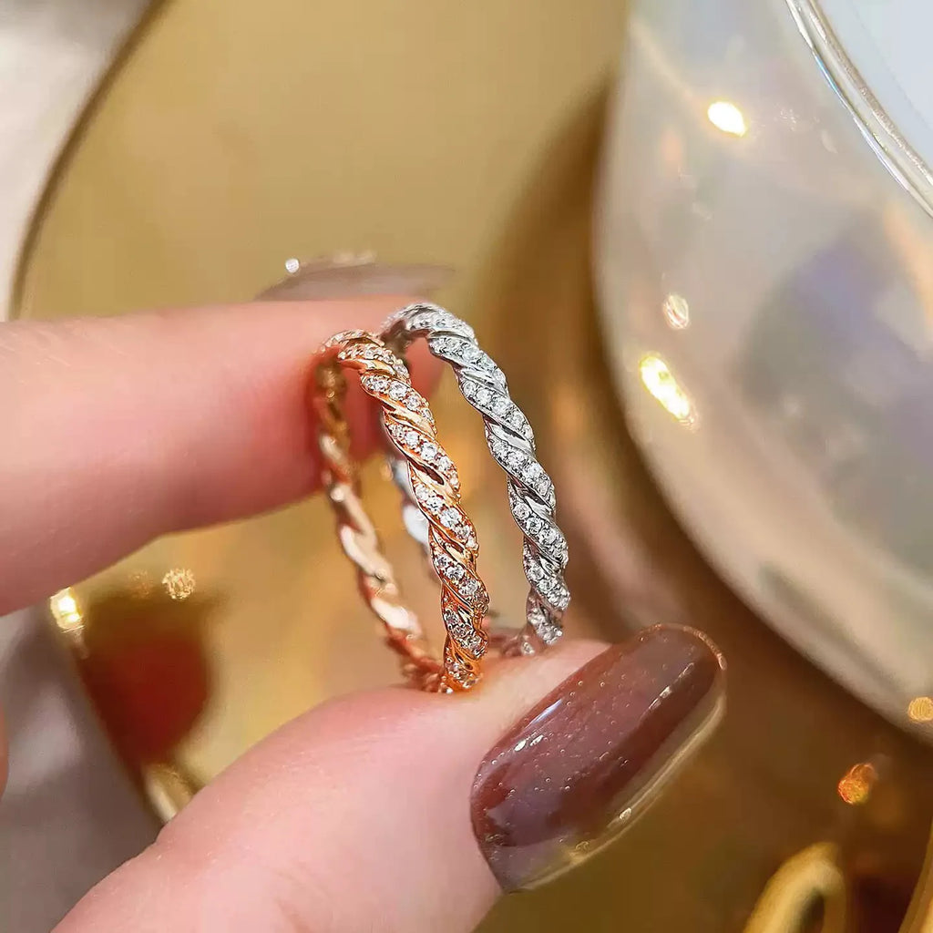 S925 Sterling Silver Twisted Stackable Ring, Women’s Full Zirconia Index Ring with a Small Row of Stones