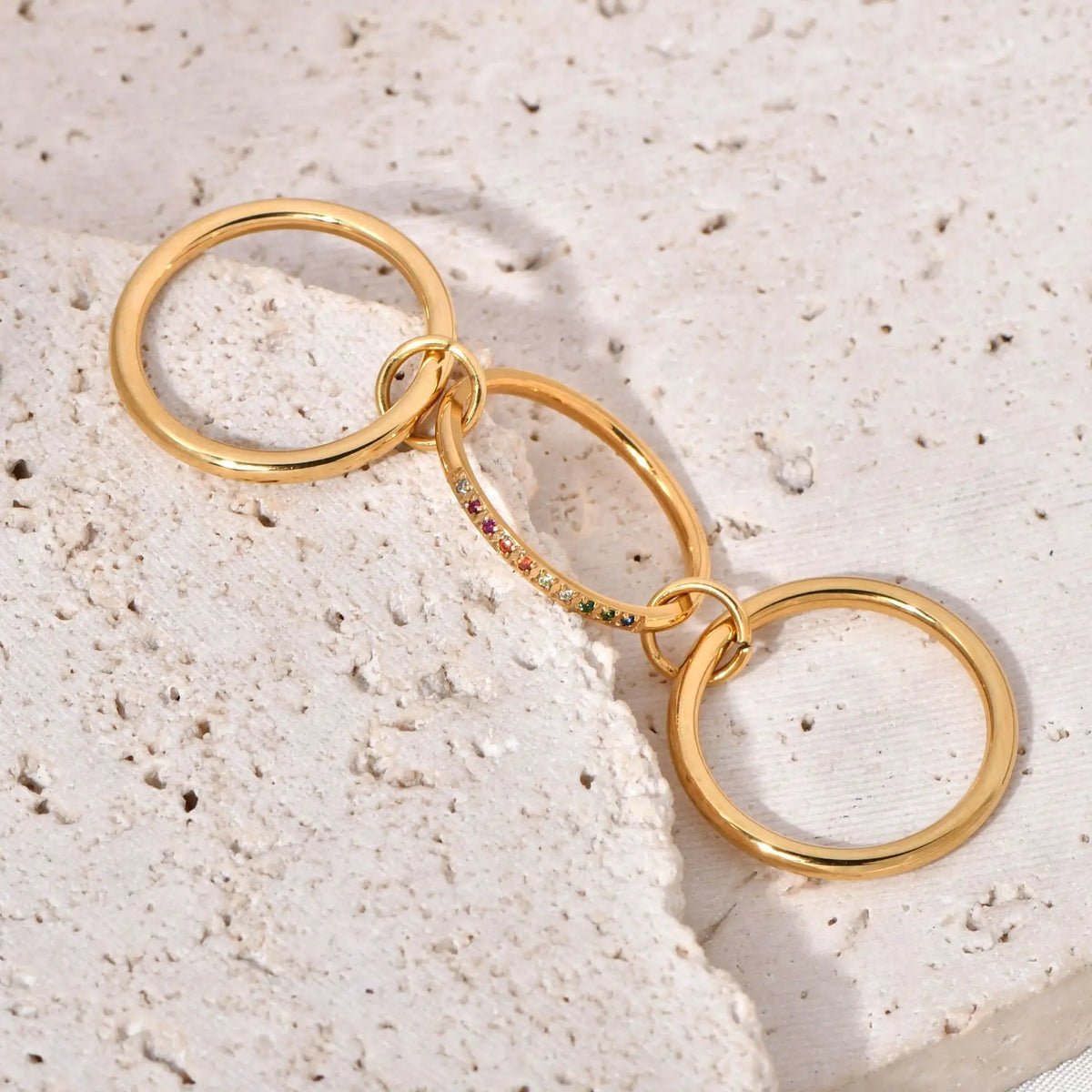 New Stainless Steel Colorful Cubic Zirconia Stackable Rings for Women 18k GoldPlating Multi-Link Connected Statement Ring Stack