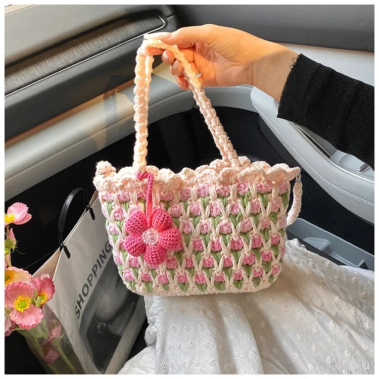 Crochet Crossbody Bag for Women Girl Handmade Color Block Handbag Lightweight Casual Summer Daily Purse