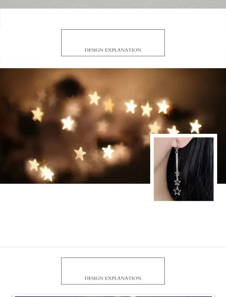 Elegant Popular Three Stars Hoop Earrings For Women 925 Sterling Silver Party Jewelry Beautiful Long Tassel EarringElegant