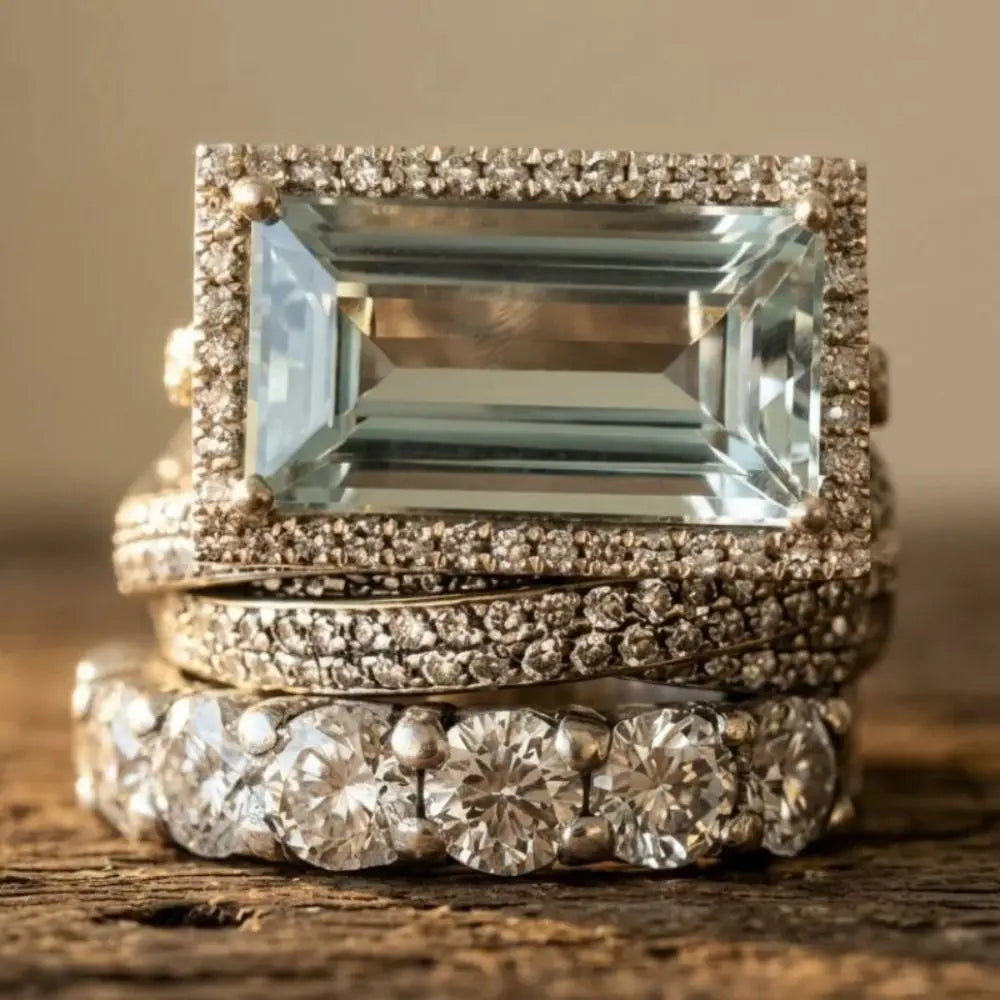 Large Rectangular Stone Stackable Ring Set European Style Fine Inlay Craft Stacking Rings Trendy Style Shine Brightly