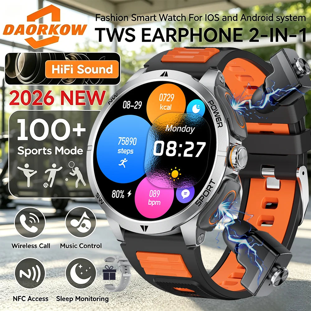 2026 2 In 1 TWS Headset Smart Watch 1.43" Earphones Music Smartwatch Women Men Sport Fitness Heart Rate Health Tracker Watches