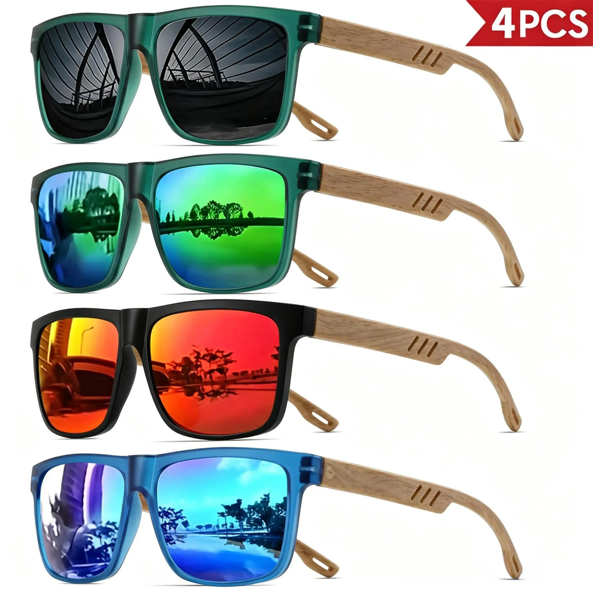 4-Piece Set of Wood-Grain Style Sunglasses – Classic Retro Square Frames, Unisex Comfortable Fit Design, Suitable for Daily Life and Activities, Casual Style, Ordinary Decorative Glasses