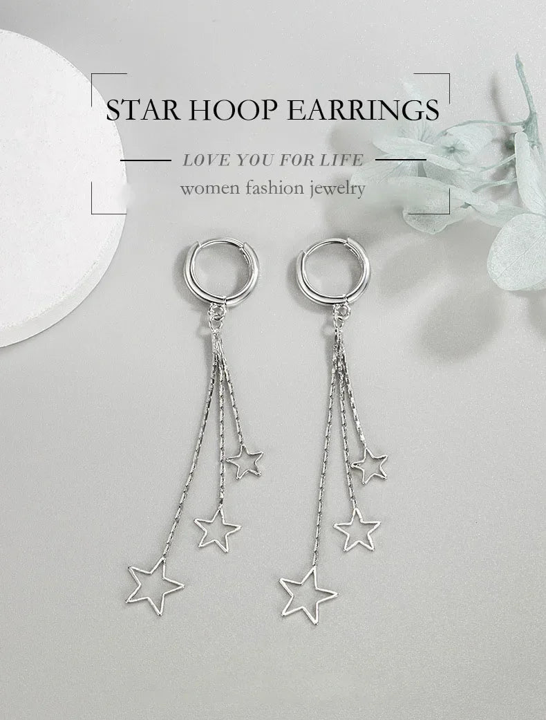 Elegant Popular Three Stars Hoop Earrings For Women 925 Sterling Silver Party Jewelry Beautiful Long Tassel EarringElegant