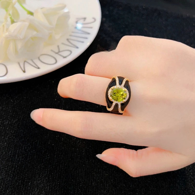 Women's Enamel Gemstone Stackable Rings - Black and White Colors - 3-carat Cubic Zirconia - Wide Ring Fashionable Jewelry